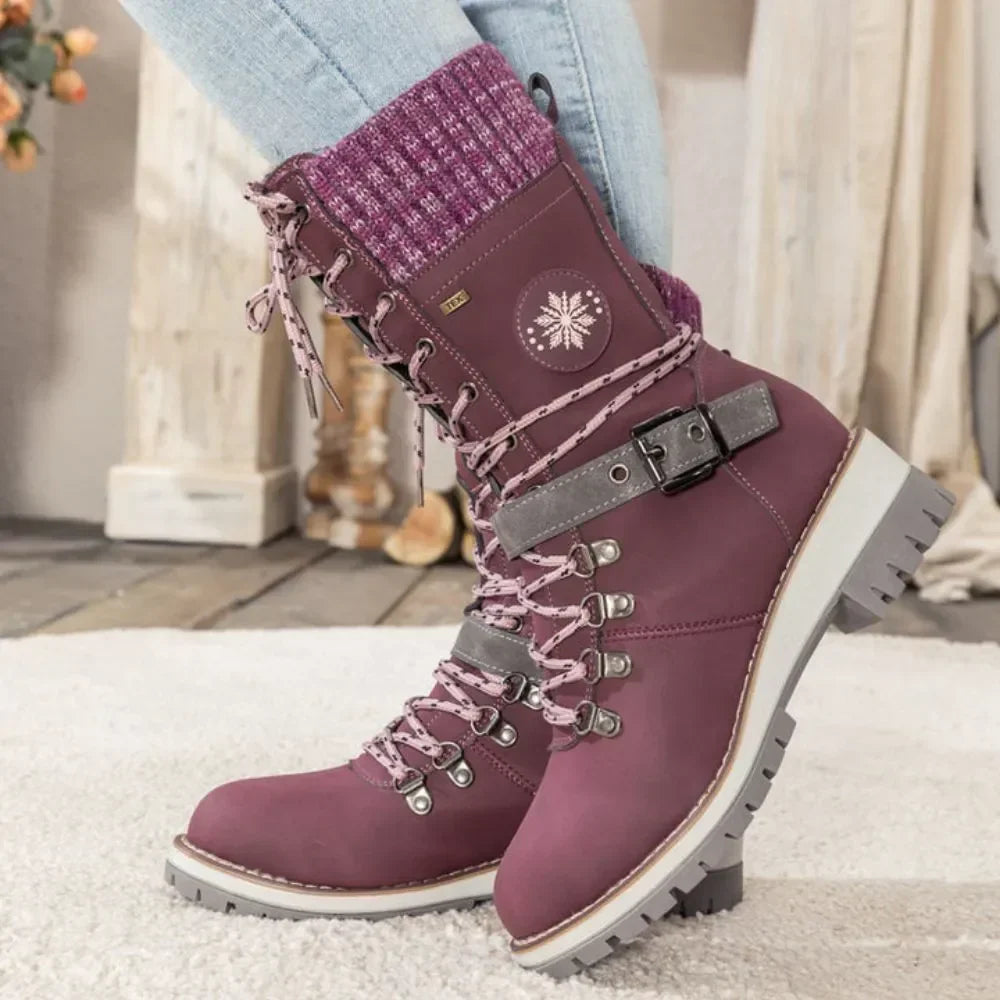 Faustine | Black Leather Winter Snow Boots Knit Cuff — Purple