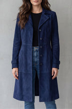 Solene | Womens Longline Coat Tailored Suede-Effect Winter — Navy