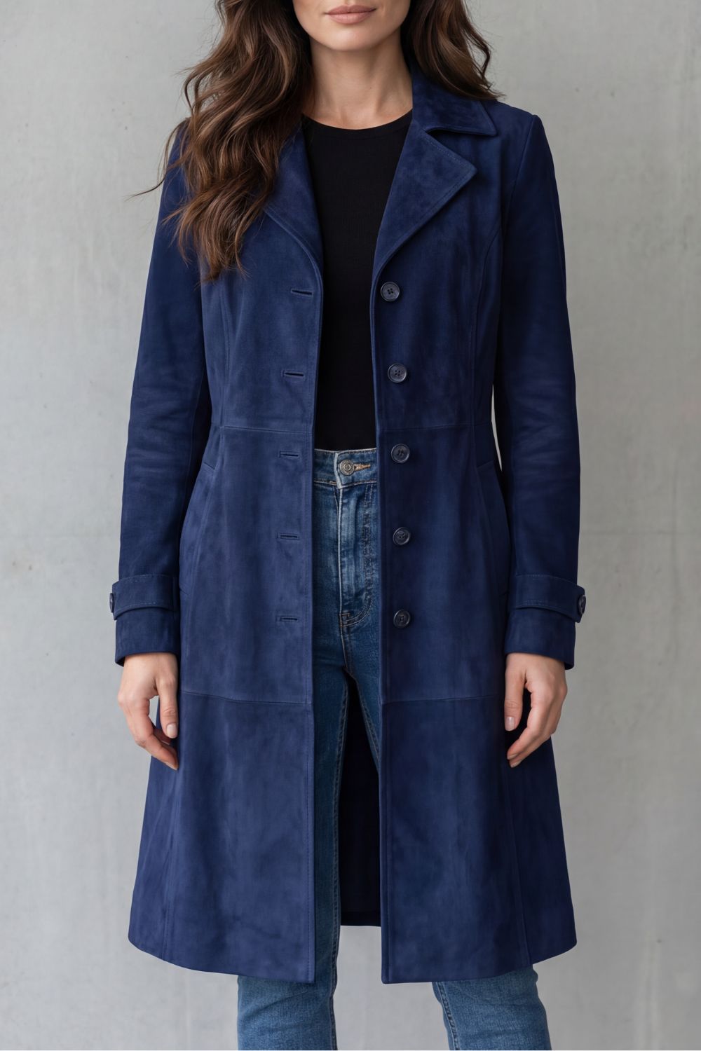 Solene | Womens Longline Coat Tailored Suede-Effect Winter — Navy