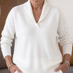 Ingrid | Cashmere Wool Blend V Neck Roll Edge Jumper — White