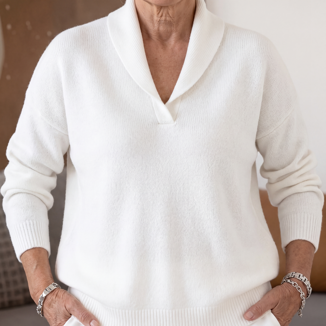 Ingrid | Cashmere Wool Blend V Neck Roll Edge Jumper — White