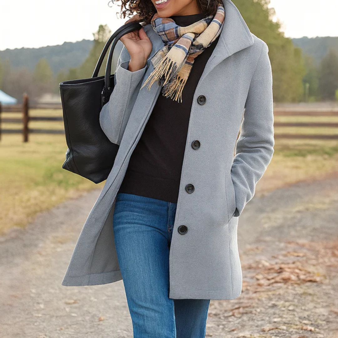 Edith | Black Full Length Long Winter Coat — Light Grey
