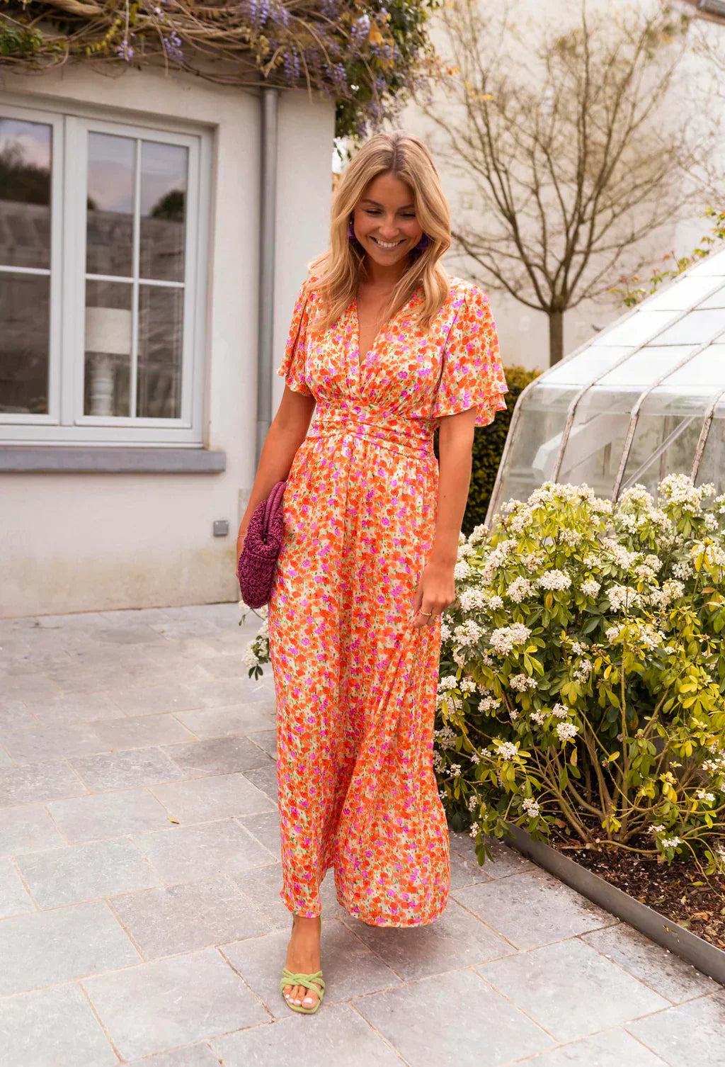 Francesca | V-Neck Flutter Sleeve Ruched Waist Floral Maxi Dress