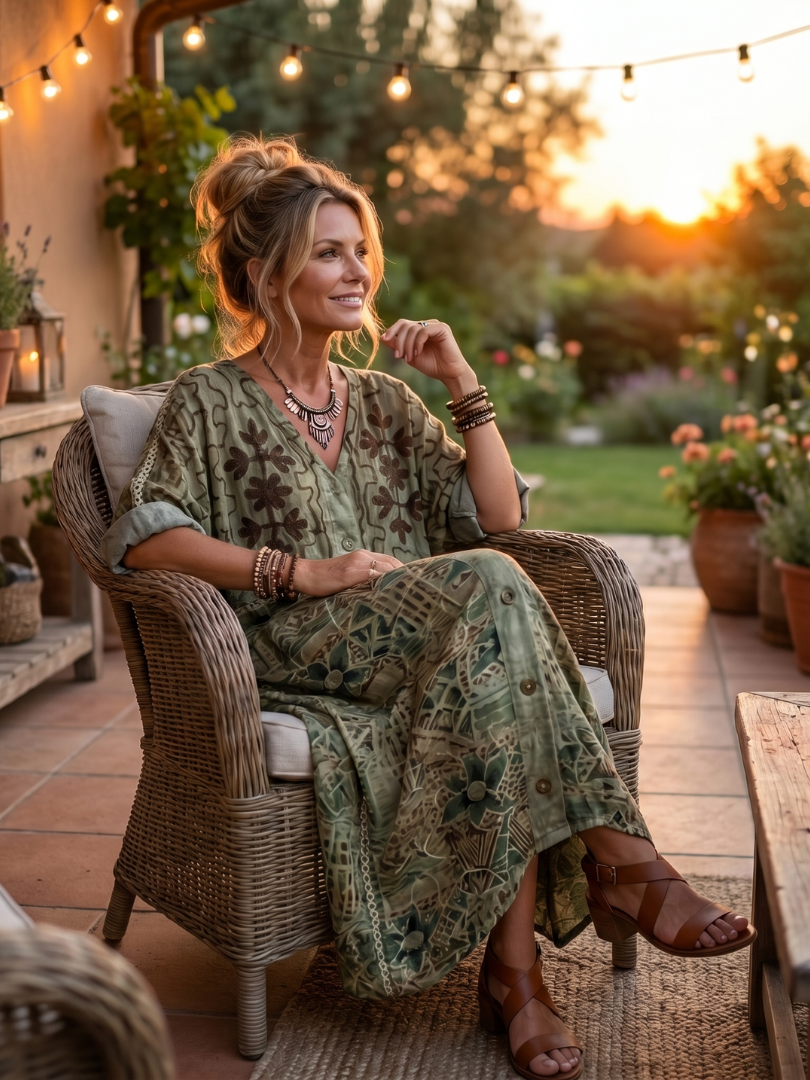 Rosalind | Boho Embroidered Pocket Midi Dress Green Relaxed