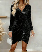 Apolline | Long Sleeve Sequin Velvet Mini Dress Green Silver White — Black