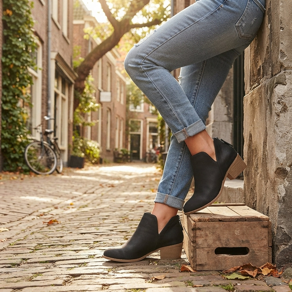 Sylvie | Black Leather Low Heel Flat Ankle Boots