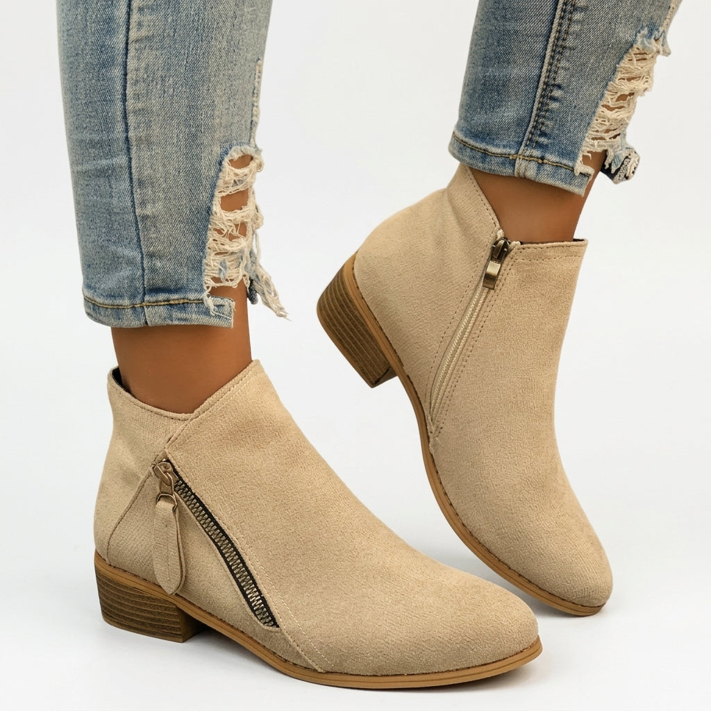 Dominique | Low Heel Black Brown Leather Ankle Boots — Beige