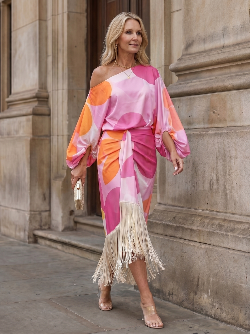 Philippa | Abstract Print Off Shoulder Fringe Midi Dress