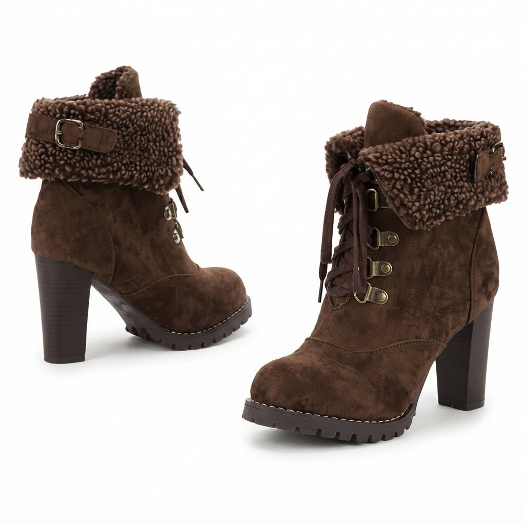 Rhoda | Black Chunky Heel Fur-Trimmed Lace-Up Ankle Boots