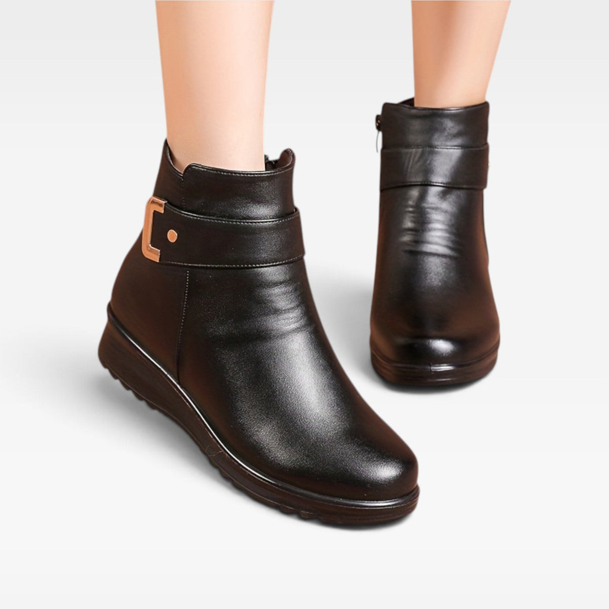 Helena | Black Leather Low Heel Ankle Boots