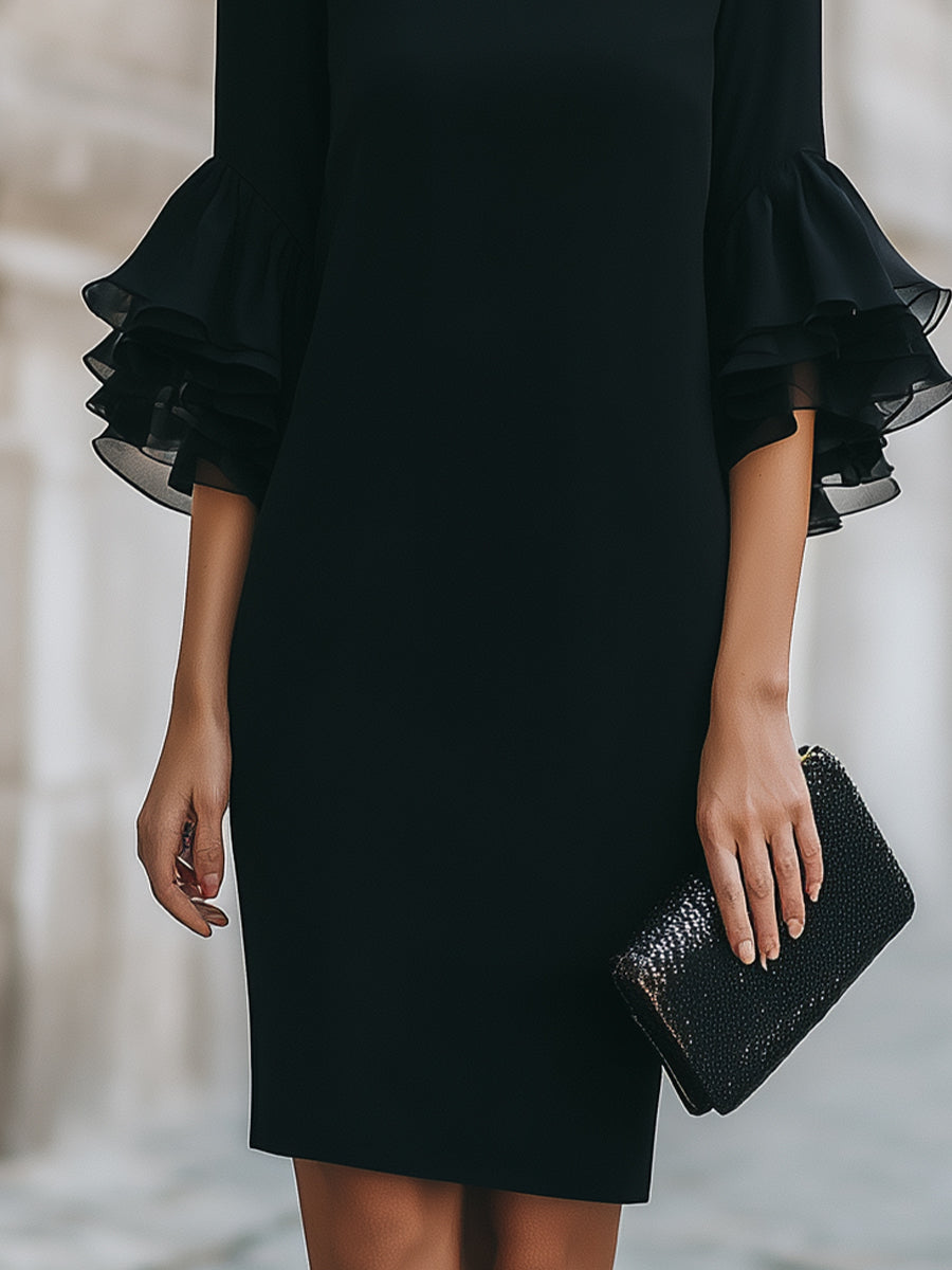 Henriette | Ruffled Sleeves Funeral Dress Black Midi Sheer