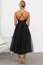 Lucinda | Black Corset Tulle Midi Dress For Weddings And Parties