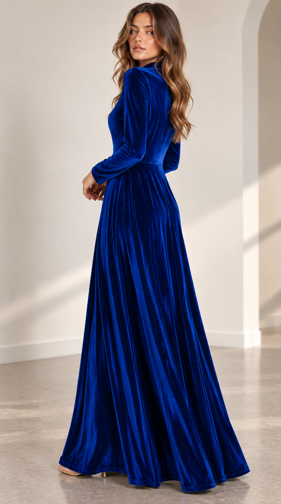 Albane | A-Line Long-Sleeve Velvet Midi Wedding Guest Dress