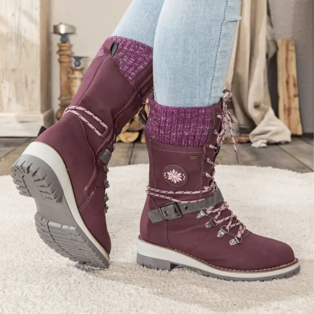 Faustine | Black Leather Winter Snow Boots Knit Cuff