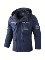 Benedict | Men Winter Puffer Jacket Coat Leather Hood — Navy Blue