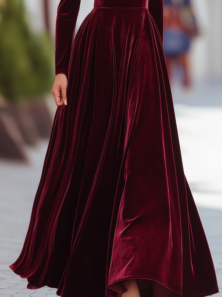 Sabine | Velvet Long Sleeve Pleated Evening Gown Maxi Dress