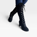 Oriane | Black Brown Lace Up Block Heel Leather Ankle Boots — Black