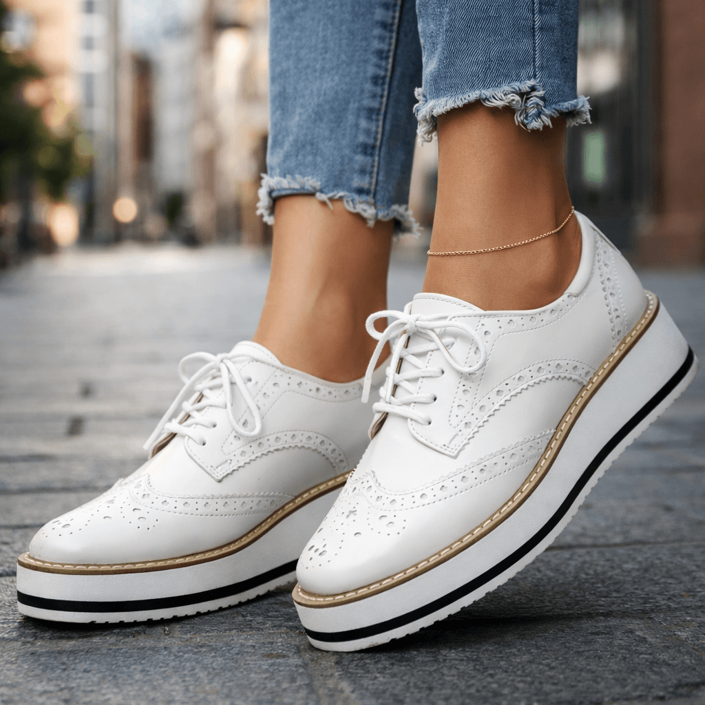 Margaux | Velvet Platform Heels With Brogue Detail — White