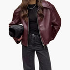 Lucinda | Women Leather Bomber Jacket in Burgundy