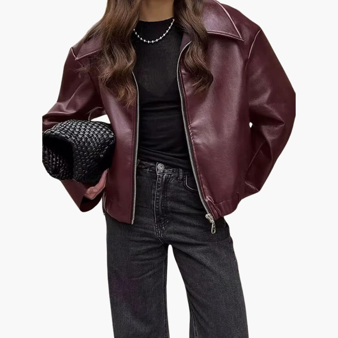 Lucinda | Women Leather Bomber Jacket in Burgundy