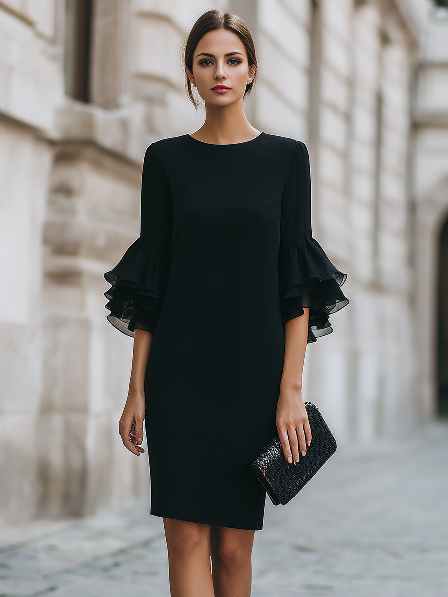 Henriette | Ruffled Sleeves Funeral Dress Black Midi Sheer