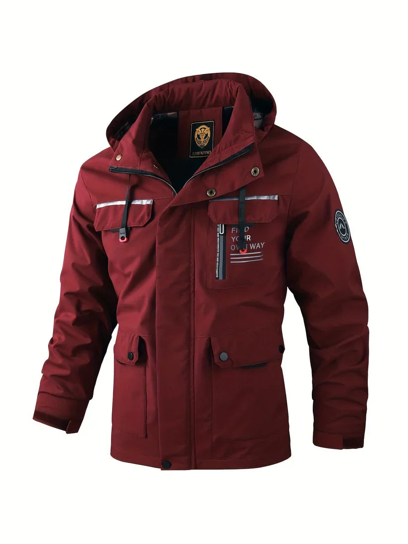 Benedict | Men Winter Puffer Jacket Coat Leather Hood — Bordeaux