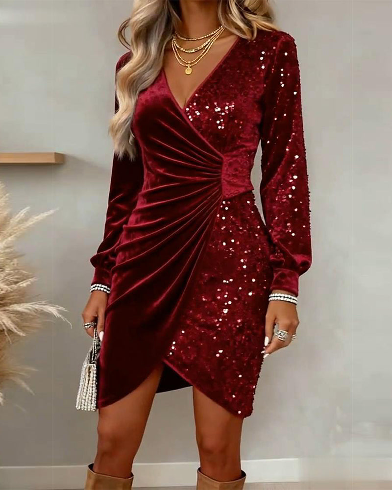 Apolline | Long Sleeve Sequin Velvet Mini Dress Green Silver White