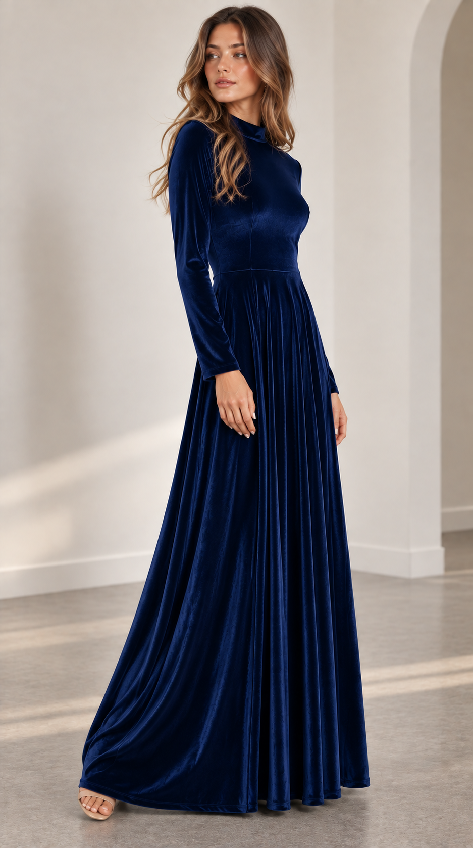 Albane | A-Line Long-Sleeve Velvet Midi Wedding Guest Dress