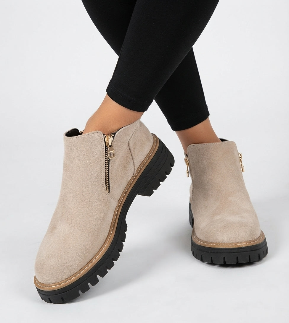 Amandine | Black Brown Heeled Flat Ankle Boots — Beige