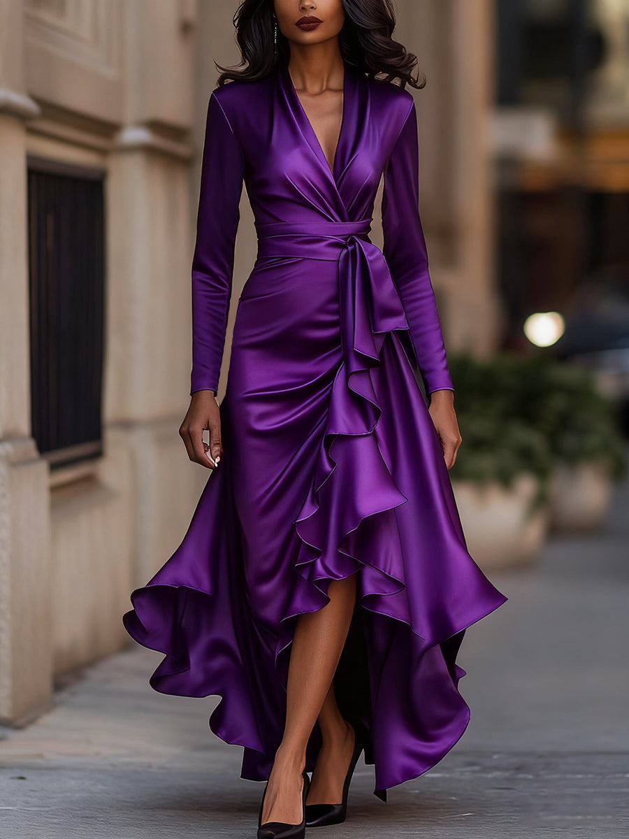 Mirabelle | Pleated Satin Maxi Dress With Ruffle Details