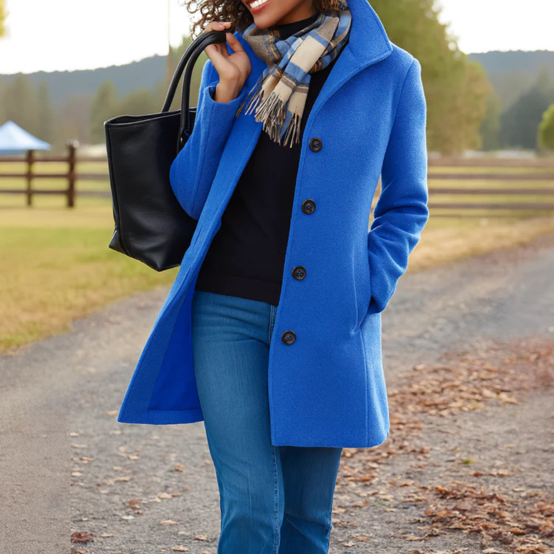 Edith | Black Full Length Long Winter Coat — Blue