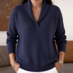 Ingrid | Cashmere Wool Blend V Neck Roll Edge Jumper — Blue