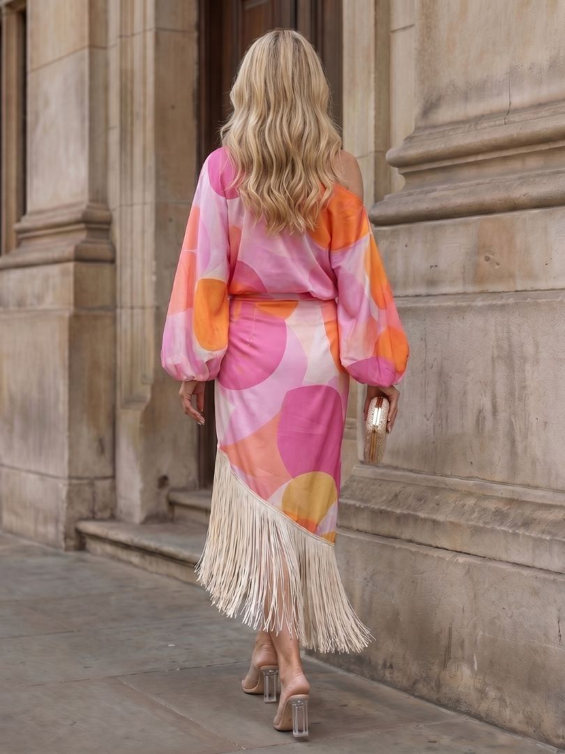 Philippa | Abstract Print Off Shoulder Fringe Midi Dress