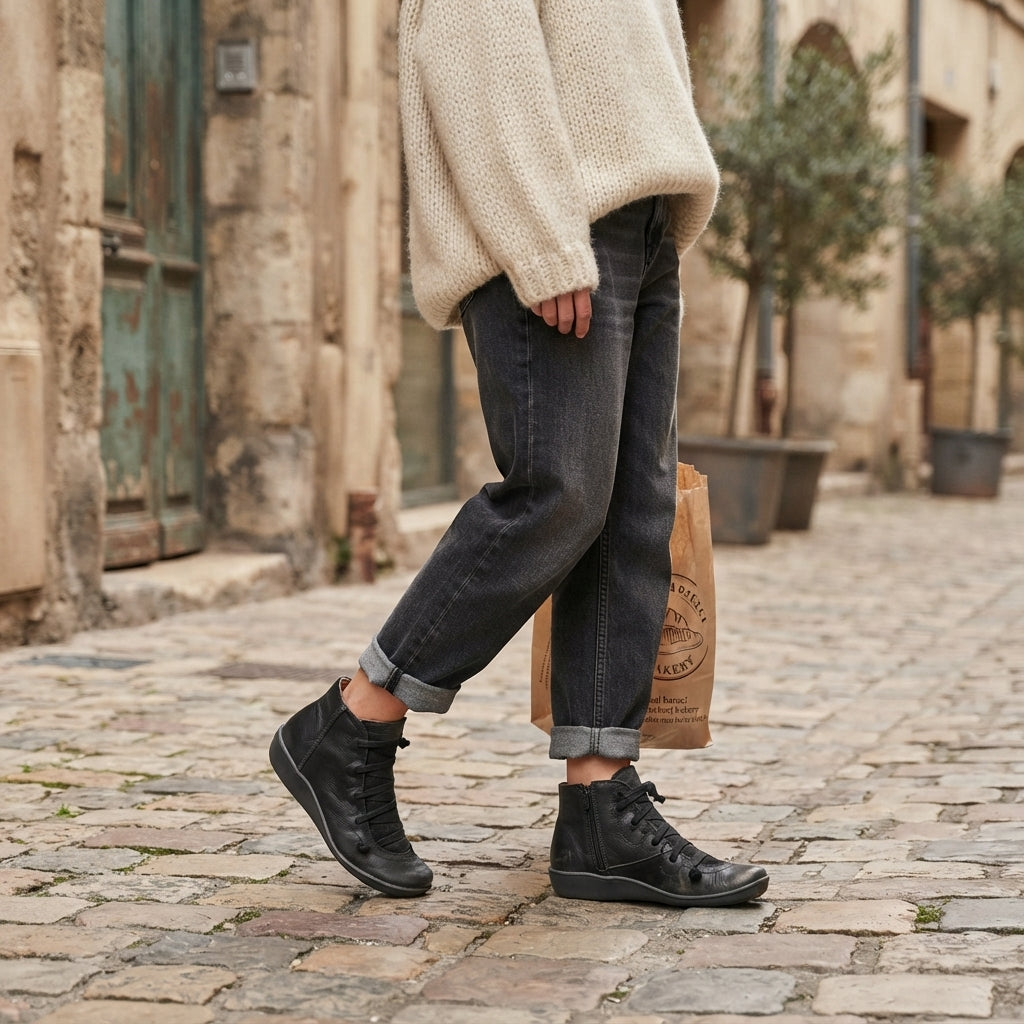 Isadora | Low Heeled Black Leather Ankle Boots