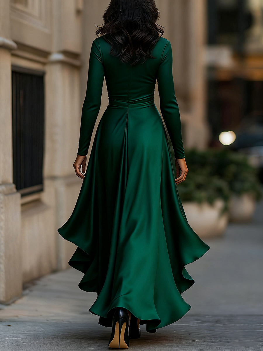 Mirabelle | Pleated Satin Maxi Dress With Ruffle Details