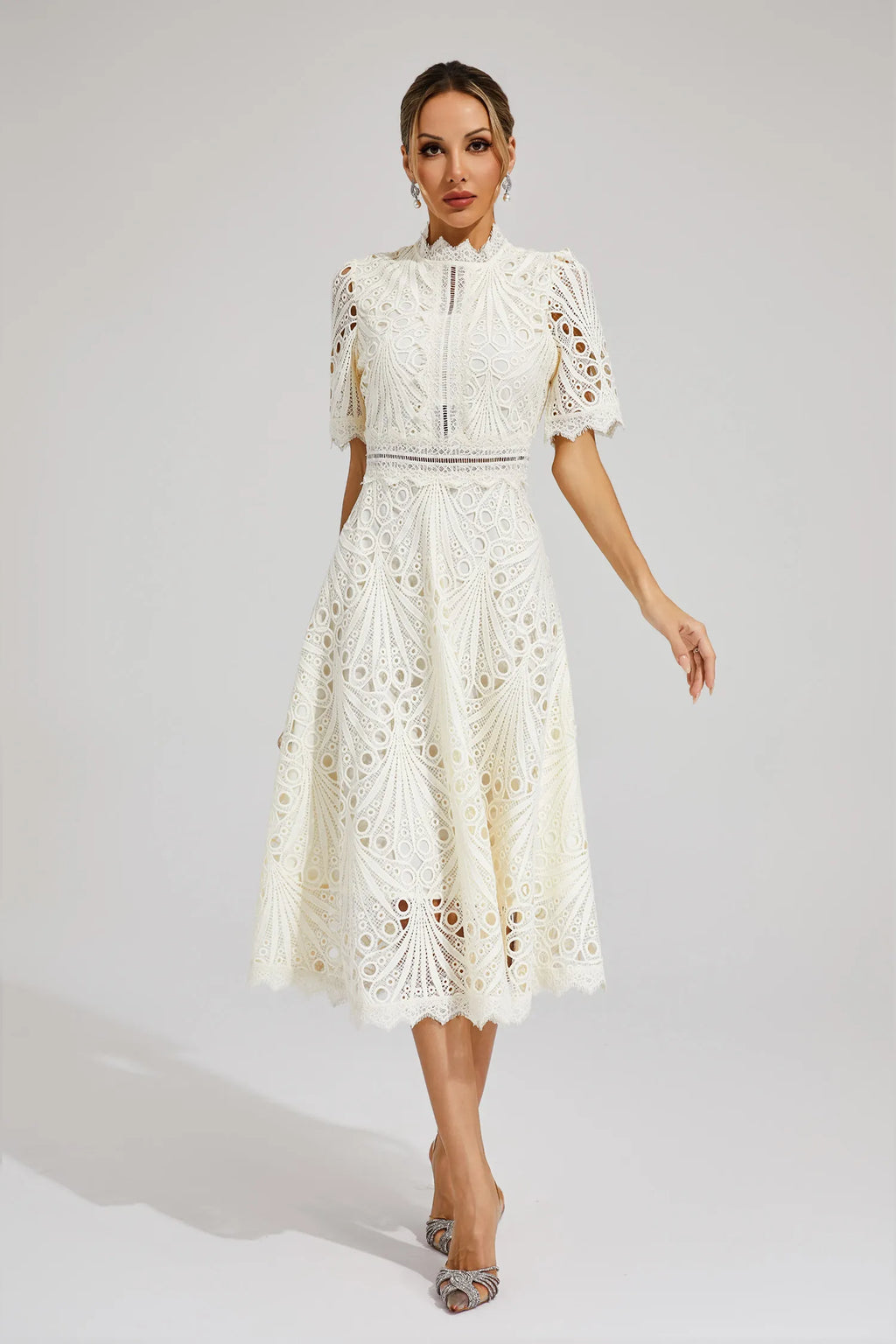 Clemence | Rose Lace High Neck Midi Dress