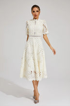 Clemence | Rose Lace High Neck Midi Dress