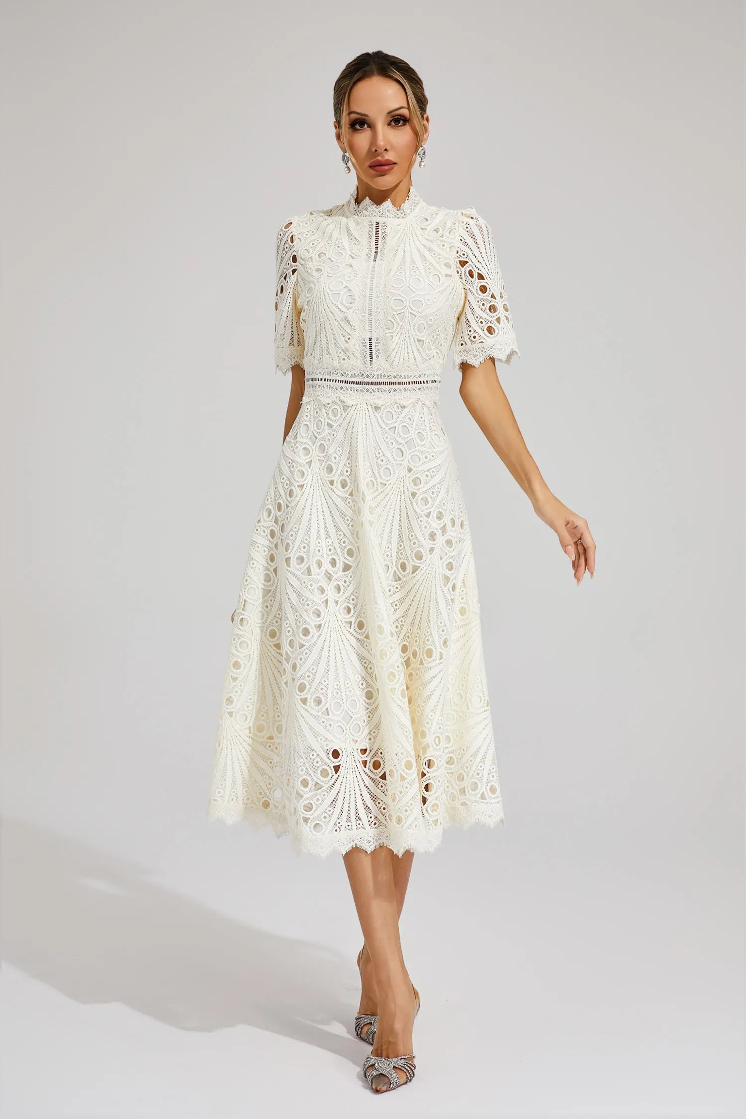 Clemence | Rose Lace High Neck Midi Dress
