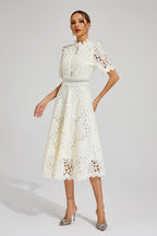 Clemence | Rose Lace High Neck Midi Dress