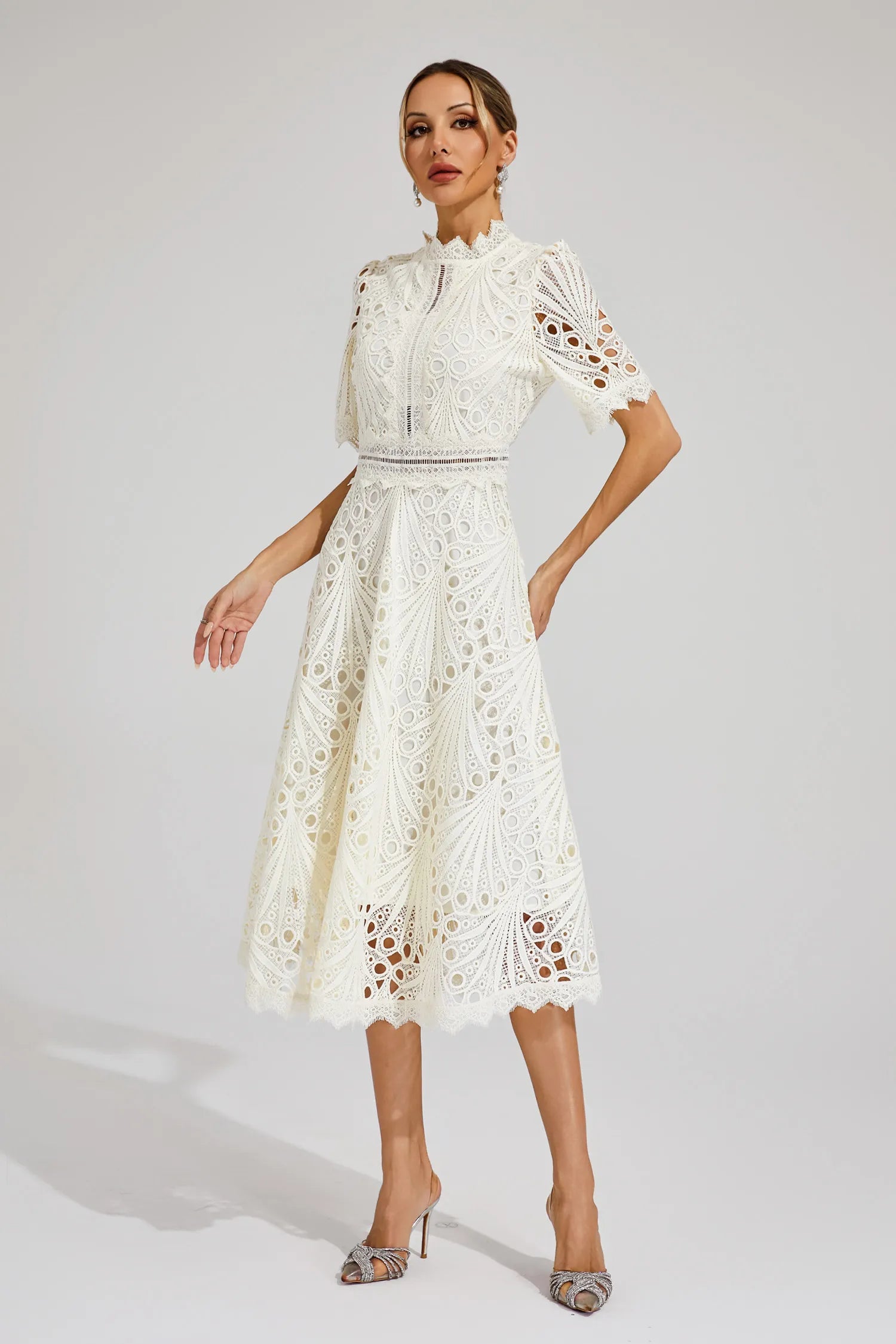 Clemence | Rose Lace High Neck Midi Dress