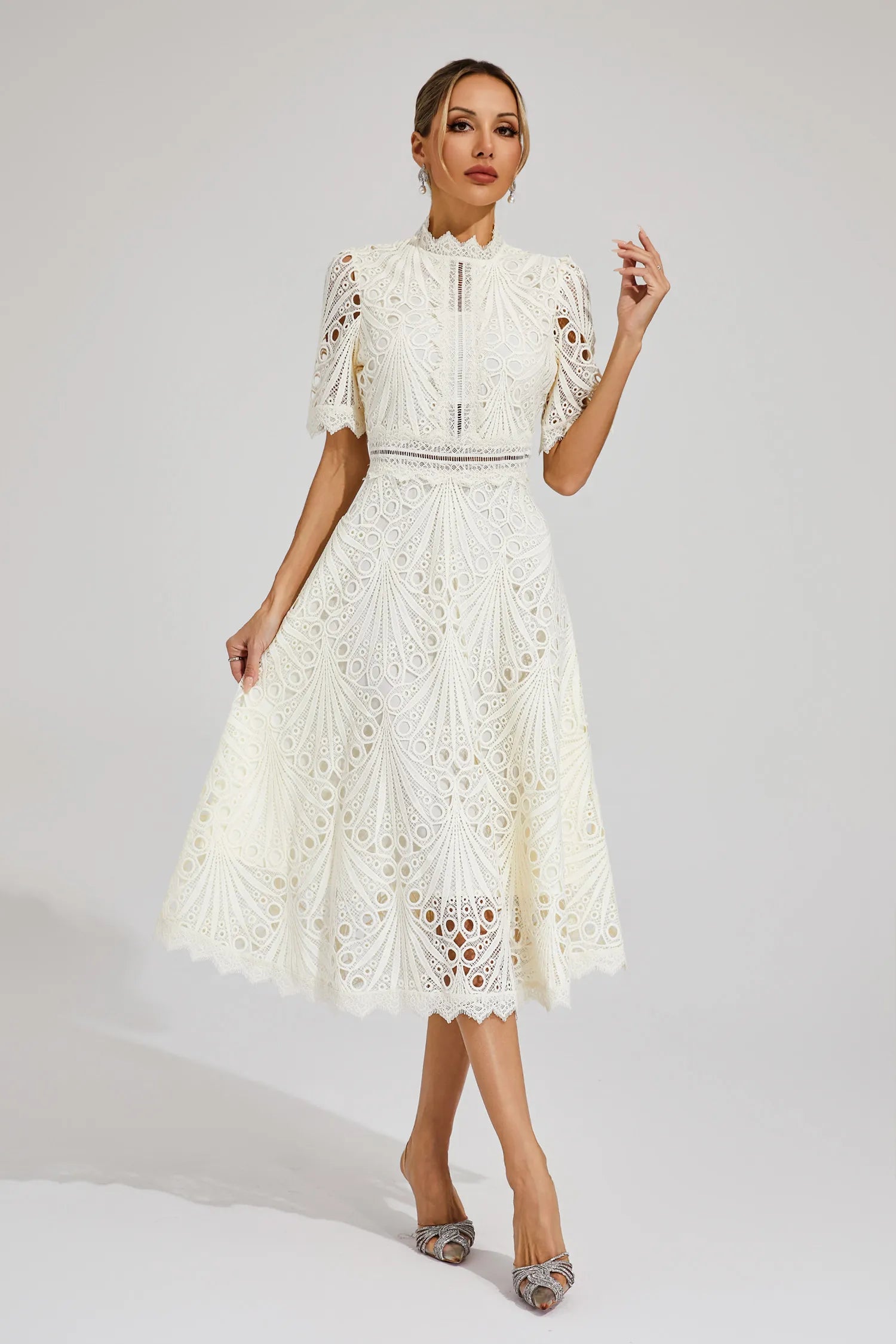 Clemence | Rose Lace High Neck Midi Dress