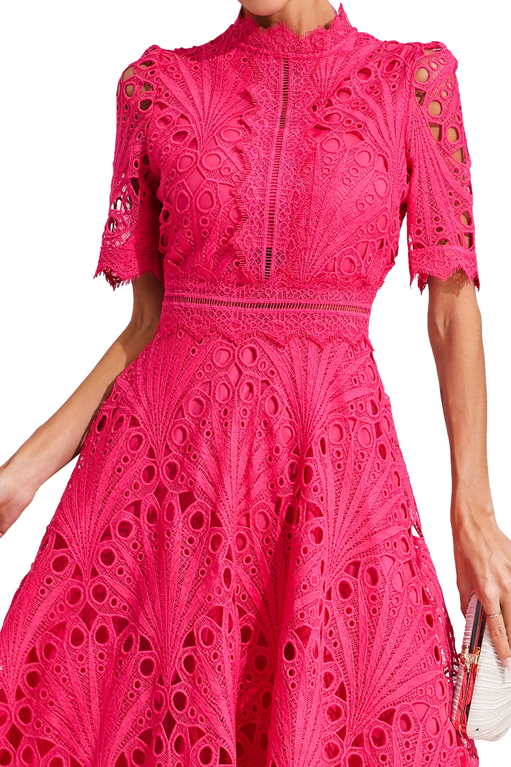 Clemence | Rose Lace High Neck Midi Dress