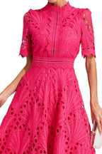 Clemence | Rose Lace High Neck Midi Dress