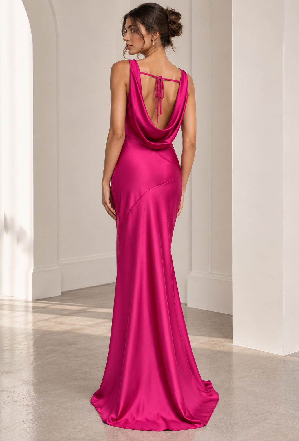 Anouk | Fuchsia Cowl Neck Satin Maxi Wedding Guest Dress