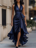 Eulalie | Satin Halter Midnight Wedding Guest Ruffle Gown