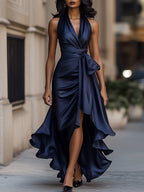 Eulalie | Satin Halter Midnight Wedding Guest Ruffle Gown