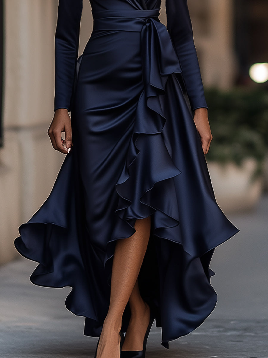 Mirabelle | Pleated Satin Maxi Dress With Ruffle Details
