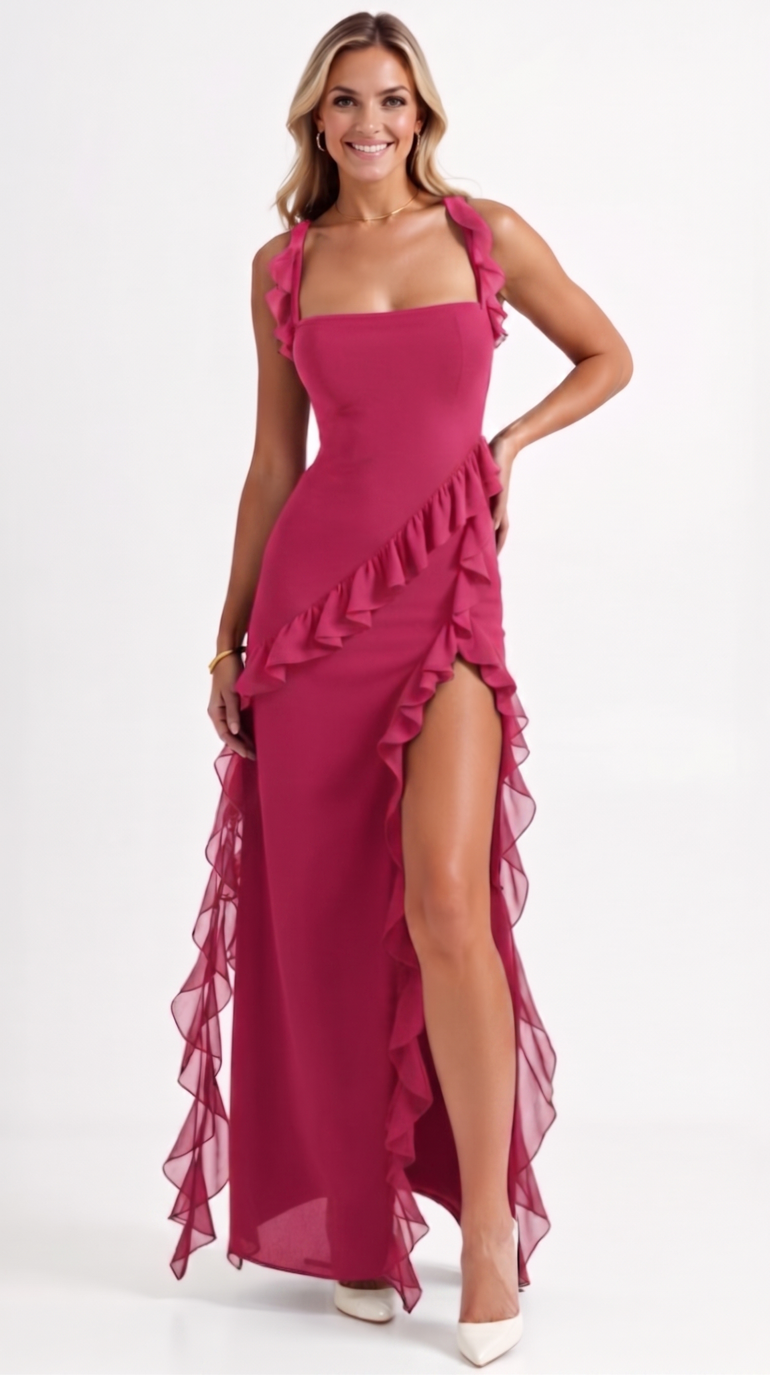 Bryony | Square Neck Ruched Asymmetric Maxi Evening Dress