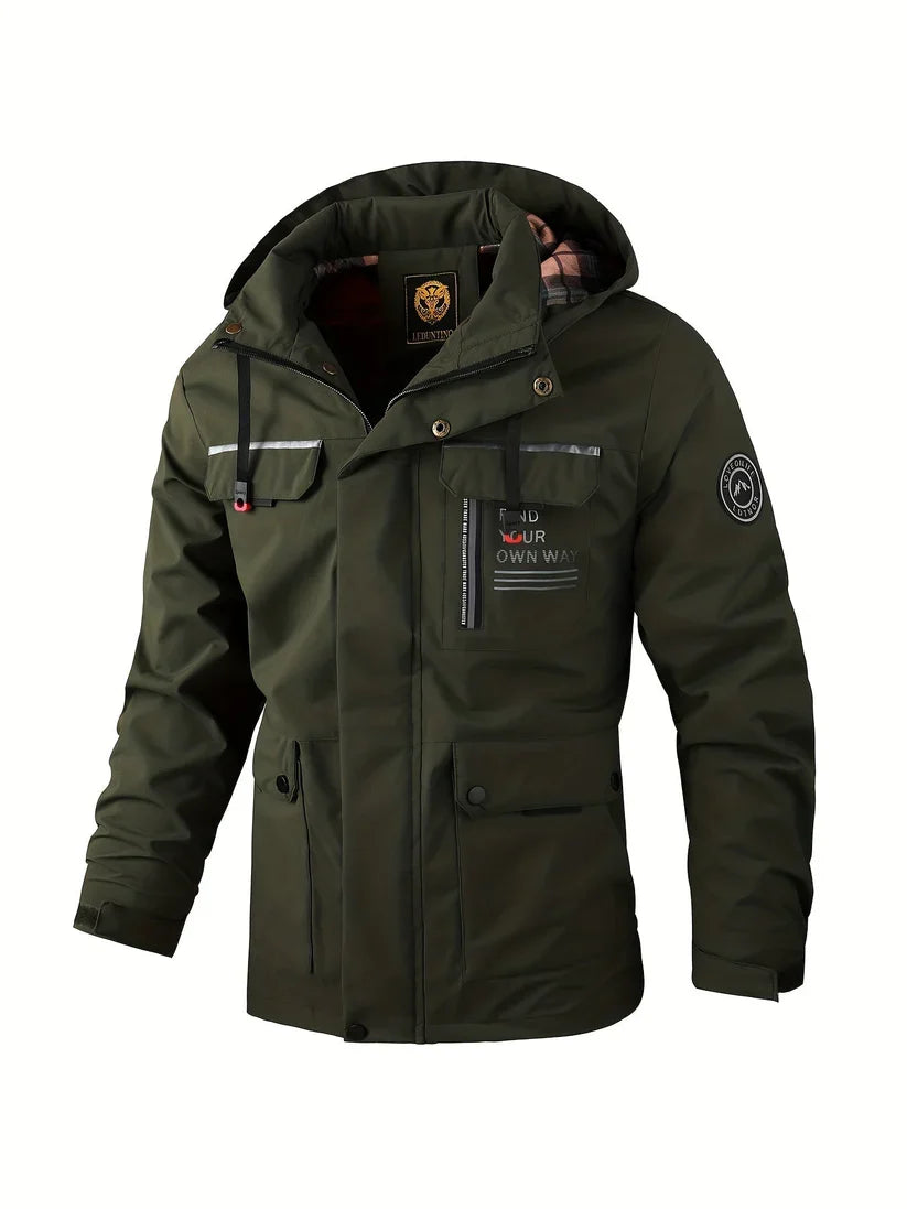 Benedict | Men Winter Puffer Jacket Coat Leather Hood — Dark Green