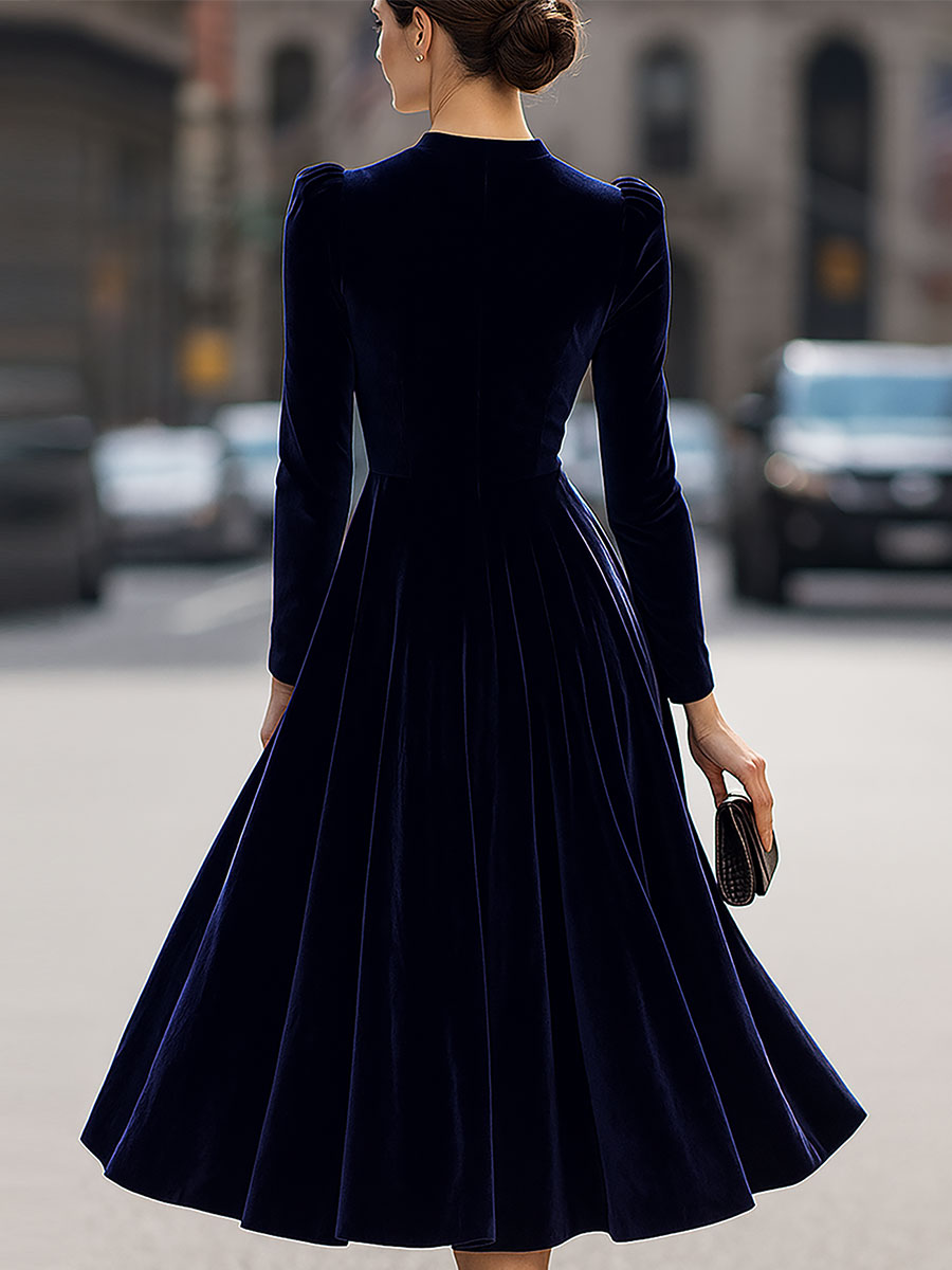 Albane | A-Line Long-Sleeve Velvet Midi Wedding Guest Dress